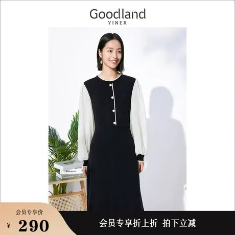 Goodland美地女装秋季垂感网纱袖羊毛混纺连衣裙图片