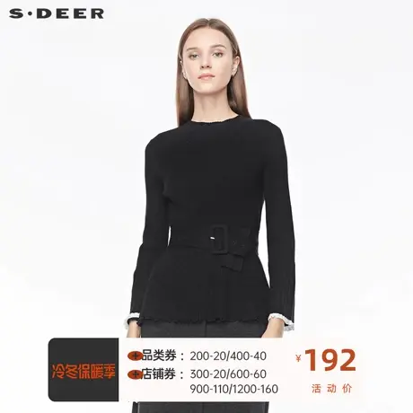 sdeer 圣迪奥 女装圆领肌理不规则撞色喇叭袖收腰针织S194835K5图片