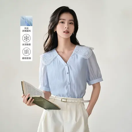 茵曼2023夏季女装新款法式通勤拼接绣花欧根纱V领泡泡袖衬衫衬衣图片