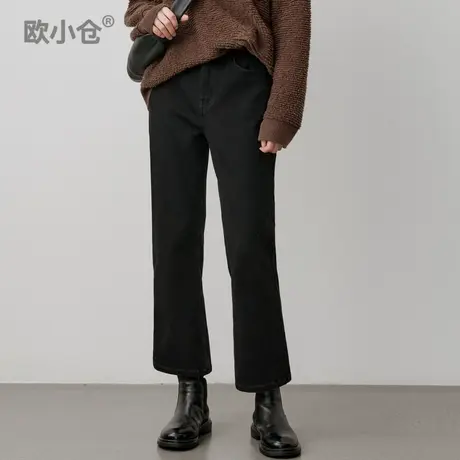 欧小仓秋冬加厚黑色牛仔裤 小个子友好八分微喇裤 弹力舒适靴裤图片