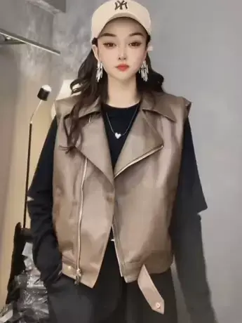 2023年秋款欧货V领大翻领短款皮衣马夹女无袖街头机车夹克短外套图片