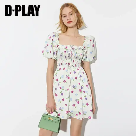 DPLAY德帕拉夏季新款法式复古方领连衣裙美米色底碎花小A裙图片