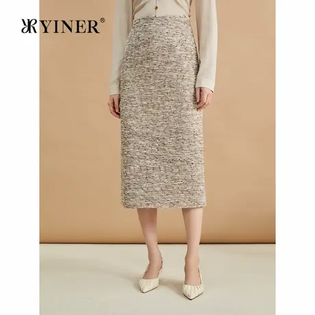 YINER音儿女装秋季时尚法式粗花呢直筒高腰H型半身裙图片