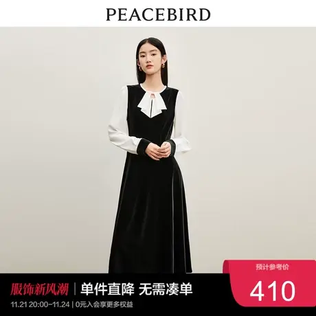 【清仓】太平鸟 气质拼接连衣裙年冬季法式复古收腰丝绒长裙图片