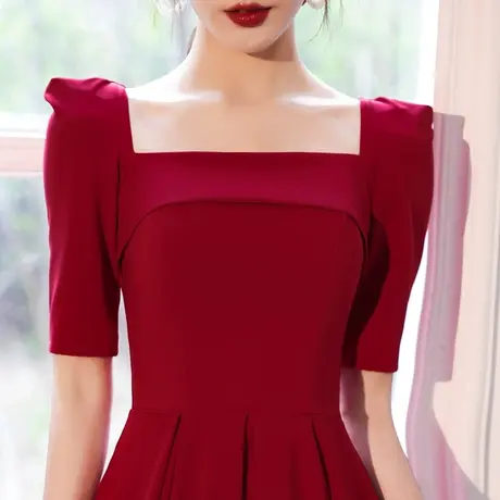 敬酒服新娘平时可穿夏季结婚订婚回门便装小礼服连衣裙女纯色方领图片