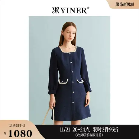 YINER音儿专选女装冬季法式优雅方领羊毛金属闪丝连衣裙图片