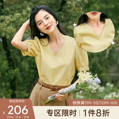 伊芙丽短袖衬衫女2021秋季新款v领泡泡袖宽松薄款法式小众小上衣图片