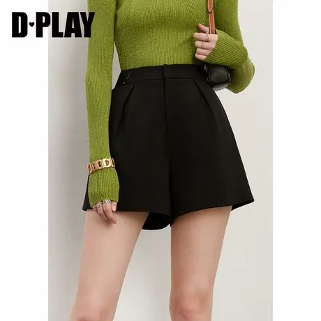 DPLAY德帕拉春新黑色通勤风高腰A字短裤金属皮袢装饰西装裤图片