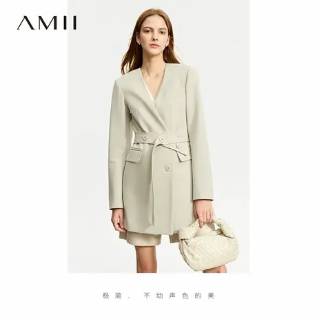 Amii2025夏新款通勤风V领撞料拼接假两件西装女配腰带垫肩上衣图片