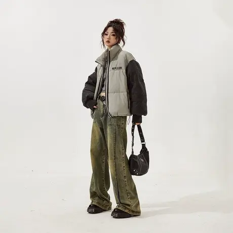 YEP潮牌针织拼接短款棉服女冬季加厚外套新款复古宽松面包服棉衣图片