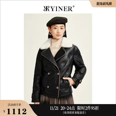 YINER音儿线上专选女装冬爱心压纹双排扣水貂毛领真皮羽绒服图片