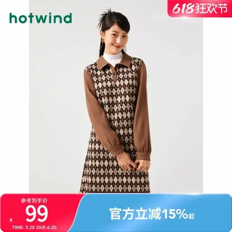 热风2023年冬季新款女士复古格纹连衣裙法式中长裙直筒长袖POLO裙图片