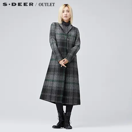 sdeer圣迪奥女装2018冬装经典格纹驳领长款毛呢大衣外套S16881892图片