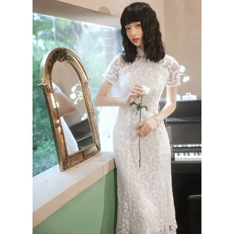 白色小晚礼服连衣裙夏季平时可穿宴会气质领证旗袍修身蕾丝鱼尾女图片