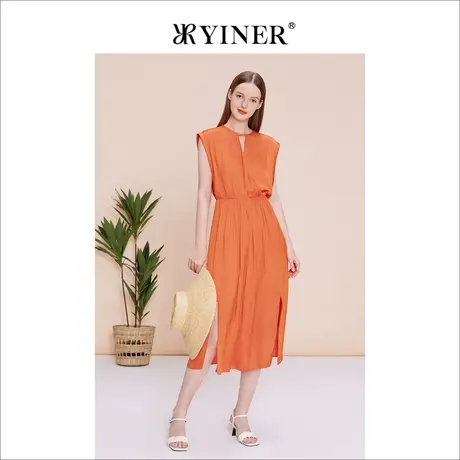 YINER音儿女装夏季镂空圆领橙红无袖开衩收褶连衣裙图片