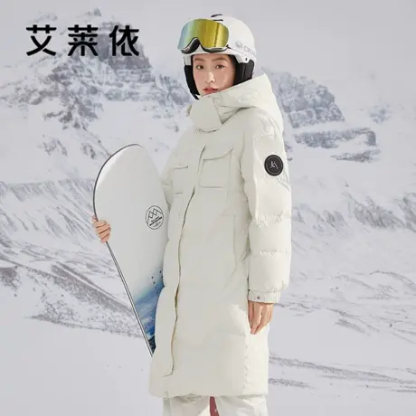 艾莱依羽绒服冲锋衣女白色中长款2022年新款鸭绒运动宽松滑雪外套图片