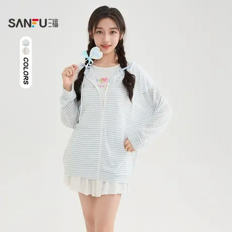 三福单外套2025夏季英文刺绣轻薄连帽条纹遮阳上衣女装505043商品大图
