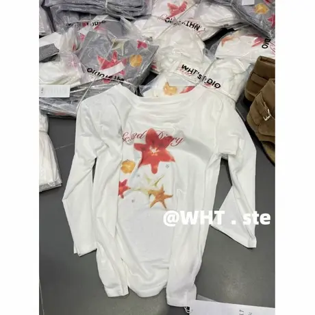 韩国东大门夏季新款时尚百搭花朵图案印花斜肩防晒长袖T恤上衣女图片