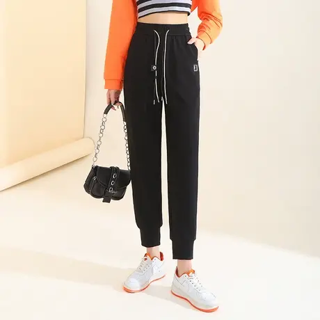 黑色运动裤女春2023新款高腰宽松束脚裤休闲九分哈伦裤卫裤长裤子图片