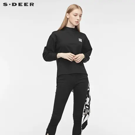 【sdeer奥莱】圣迪奥个性圆领撞色字母不规则摆长袖上衣S19380209图片