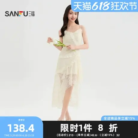 三福连衣裙2025夏季不规则多层荷叶边提花蕾丝裙子女装500252图片