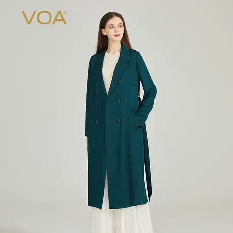 VOA桑蚕丝暗纹提花孔绿戗驳领长袖双排扣宽松百搭真丝风衣外套图片