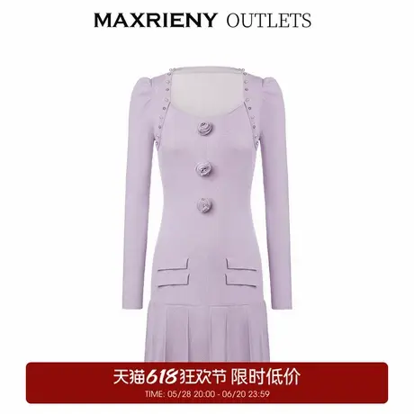 【奥莱】MAXRIENY复古玫瑰针织长袖连衣裙修身显瘦法式裙子图片