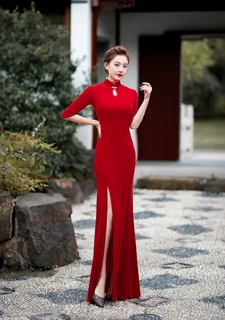 七分袖丝绒走秀旗袍长款2023年新款高端舞台演出服红色礼仪鱼尾裙图片