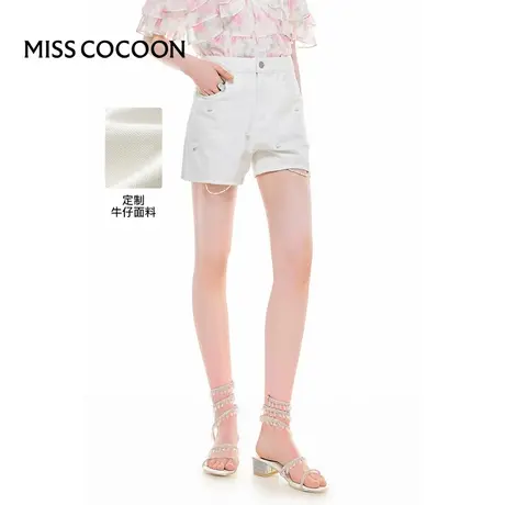 100%纯棉 可可尼COCOON2025夏季新款钉珠高腰A字白色牛仔短裤女装图片