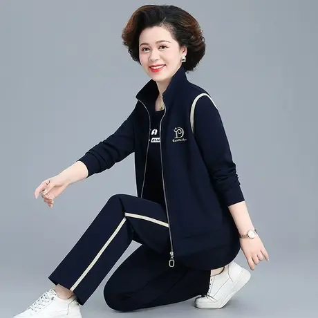直筒裤休闲运动服套装女春秋2024年新款中老年妈妈舒适棉质三件套图片