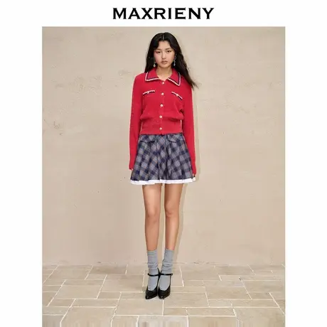 【奥莱】MAXRIENY复古学院风格纹半裙百褶高腰短裙图片