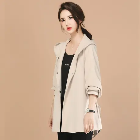 新品85折】绑带连帽中长款风衣外套女士2024春新款宽松小个子大衣图片