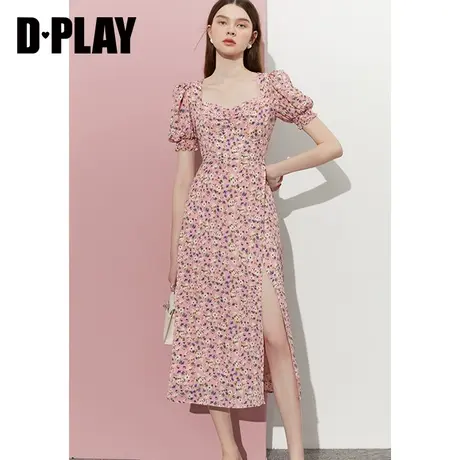 DPLAY夏度假蜜粉碎花高开衩法式泡泡袖宫廷领茶歇野餐裙图片
