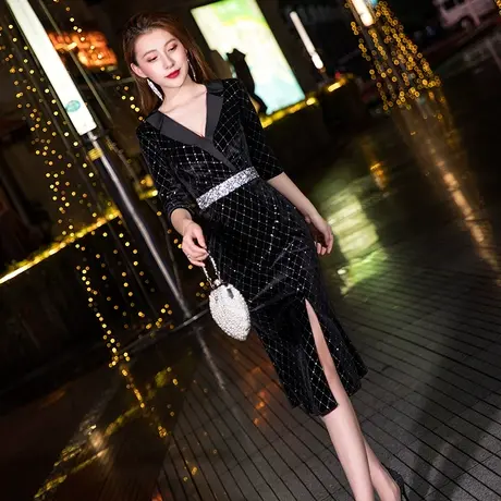 小个子晚礼服名媛平时可穿气质高端轻奢鱼尾丝绒黑色宴会连衣裙女图片