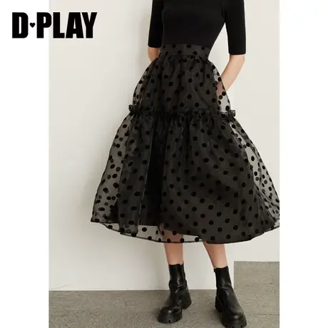 DPLAY德帕拉秋装新黑色高腰网纱波点中长半身裙ins仙女半身裙图片