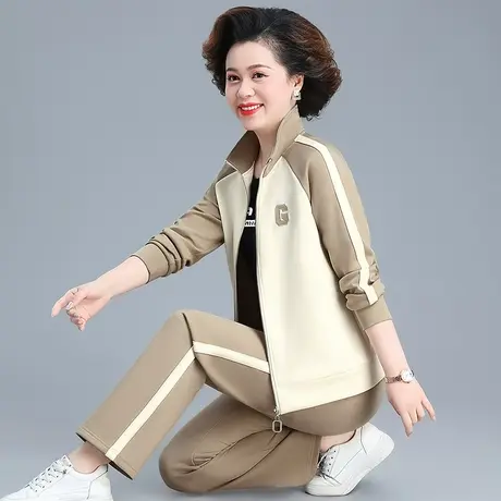 女士休闲运动服套装2024年春季新款中年妈妈装洋气棉质外套三件套图片