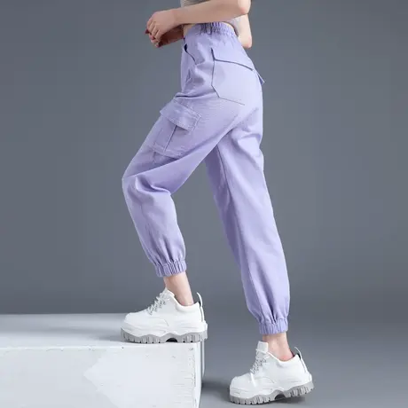 紫色工装裤女今年流行秋束脚休闲裤九分小个子2023新款裤子运动裤图片