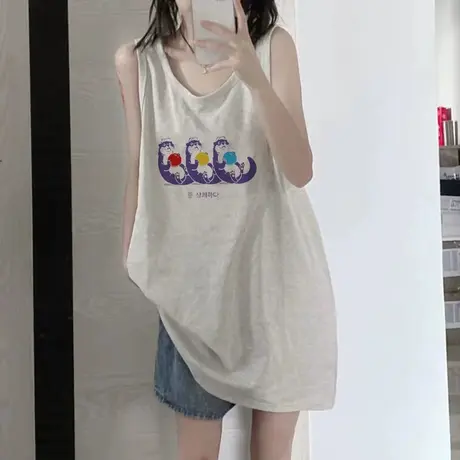 美式复古纯棉吊带运动坎肩背心无袖t恤女夏季外穿宽松篮球服上衣图片