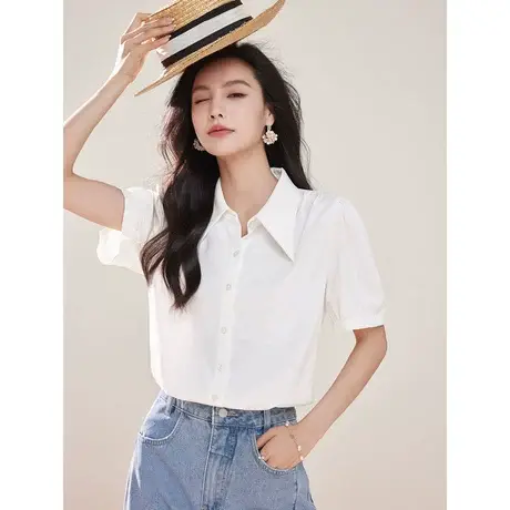 时尚气质翻领短袖衬衫2023年夏季新款淑女温柔宽松显瘦通勤上衣图片