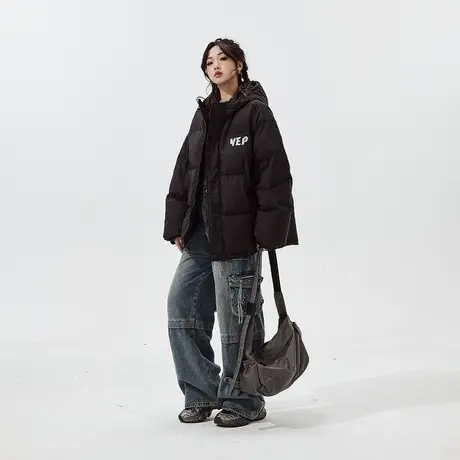 YEP黑色连帽羽绒服女冬季加厚外套潮牌复古宽松派克服图片