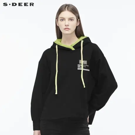 sdeer圣迪奥女酷感休闲字母印胶创意拼接连帽上衣S18482291图片