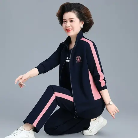 三件套休闲运动服套装中年妈妈春秋款时尚拉链卫衣直筒裤一套女装图片