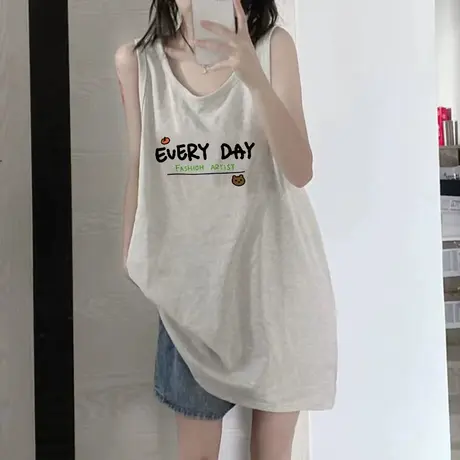 美式纯棉吊带坎肩背心无袖t恤女夏季设计感小众外穿宽松挂脖上衣图片
