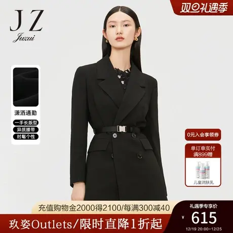 JZ玖姿奥莱时尚气质一手长收腰黑色女西装外套配腰带-春秋新款图片