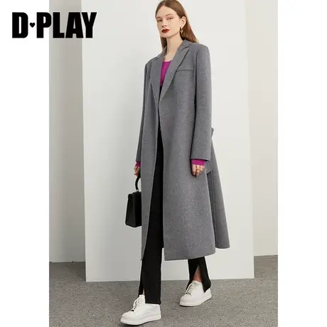 DPLAY【黑标】秋装新轻奢戗驳领深花灰中长款双面呢大衣外套图片