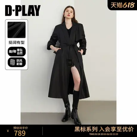 DPLAY【黑标】2025年春季新款黑色风衣外套女西装领宽松长款大衣图片
