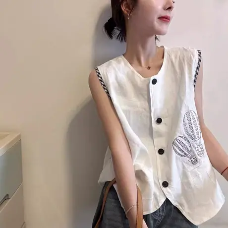韩版百搭圆领刺绣无袖马甲女宽松时尚休闲上衣2025夏季新款小衫潮图片