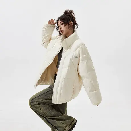 美式复古立领棉服女2023新款冬季加厚外套潮牌宽松面包服绗棉棉衣图片