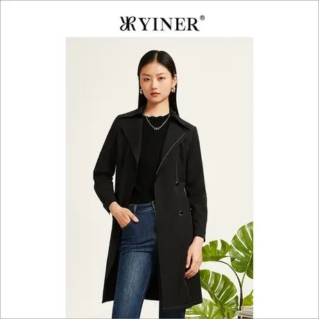 *YINER音儿女装2022秋季系带西装领中长款风衣图片