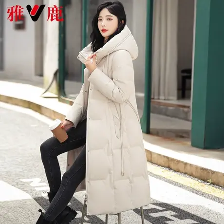 雅鹿白色连帽羽绒服女中长款2022冬季新款休闲宽松面包服保暖外套图片